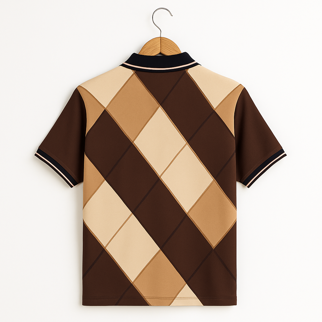 Brown & Beige Check Polo T-Shirt with Navy Collar