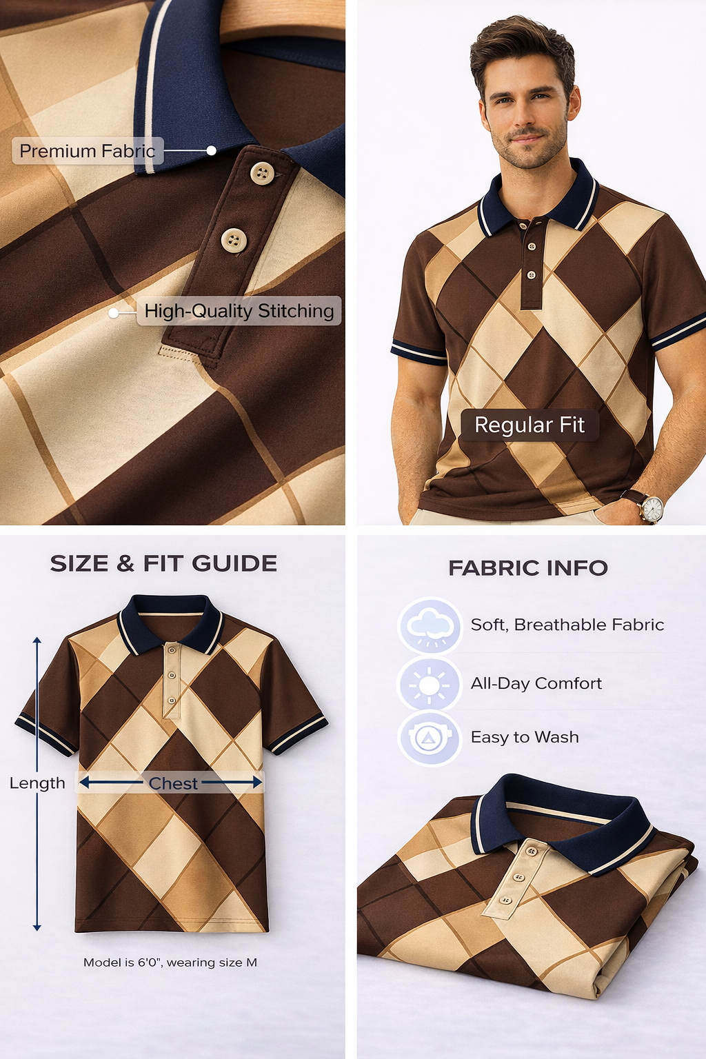 Brown & Beige Check Polo T-Shirt with Navy Collar