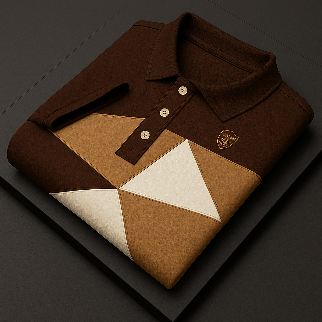 Brown Geometric Color Block Polo T-Shirt