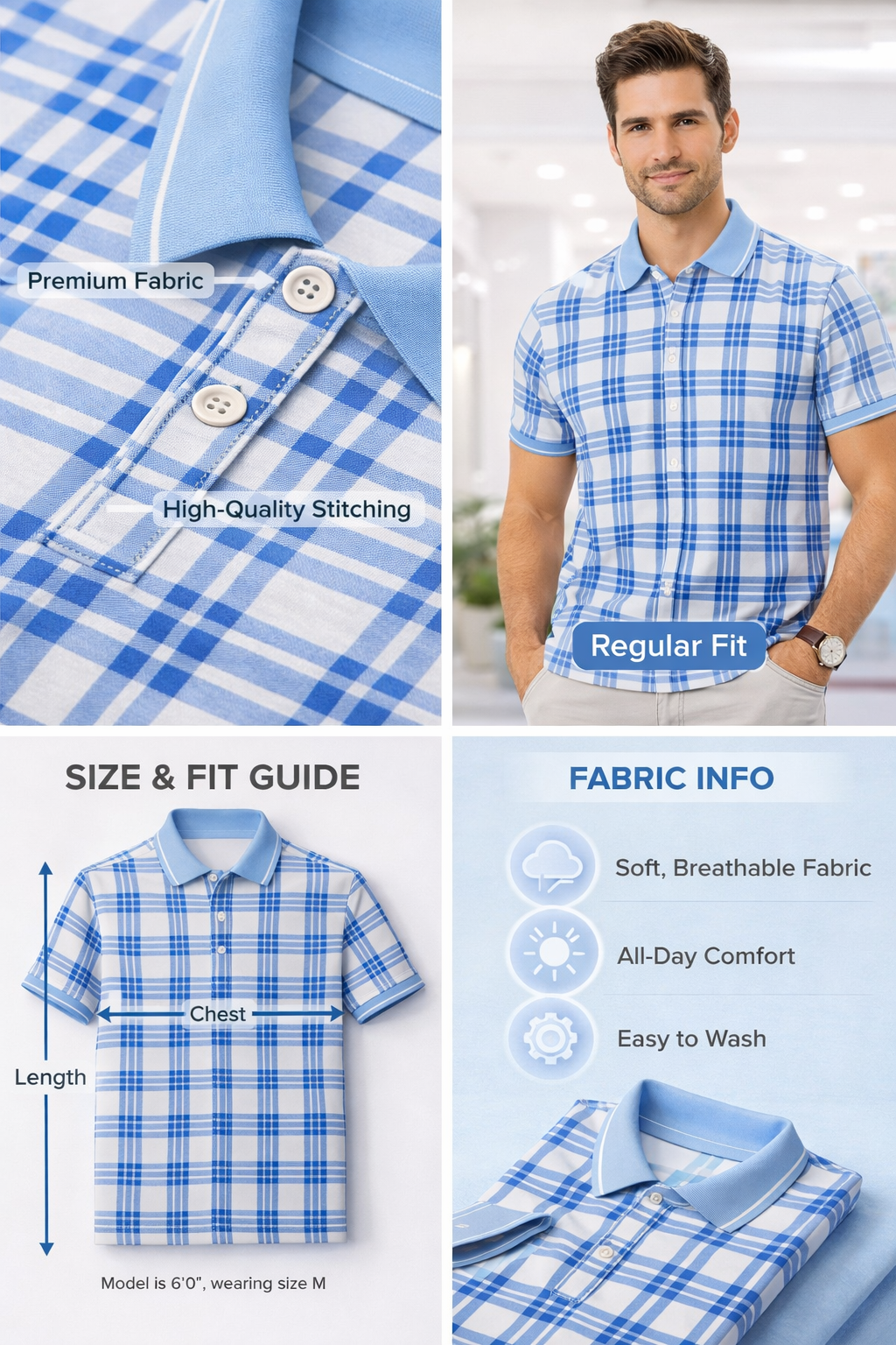 Light Blue & White Check Polo T-Shirt