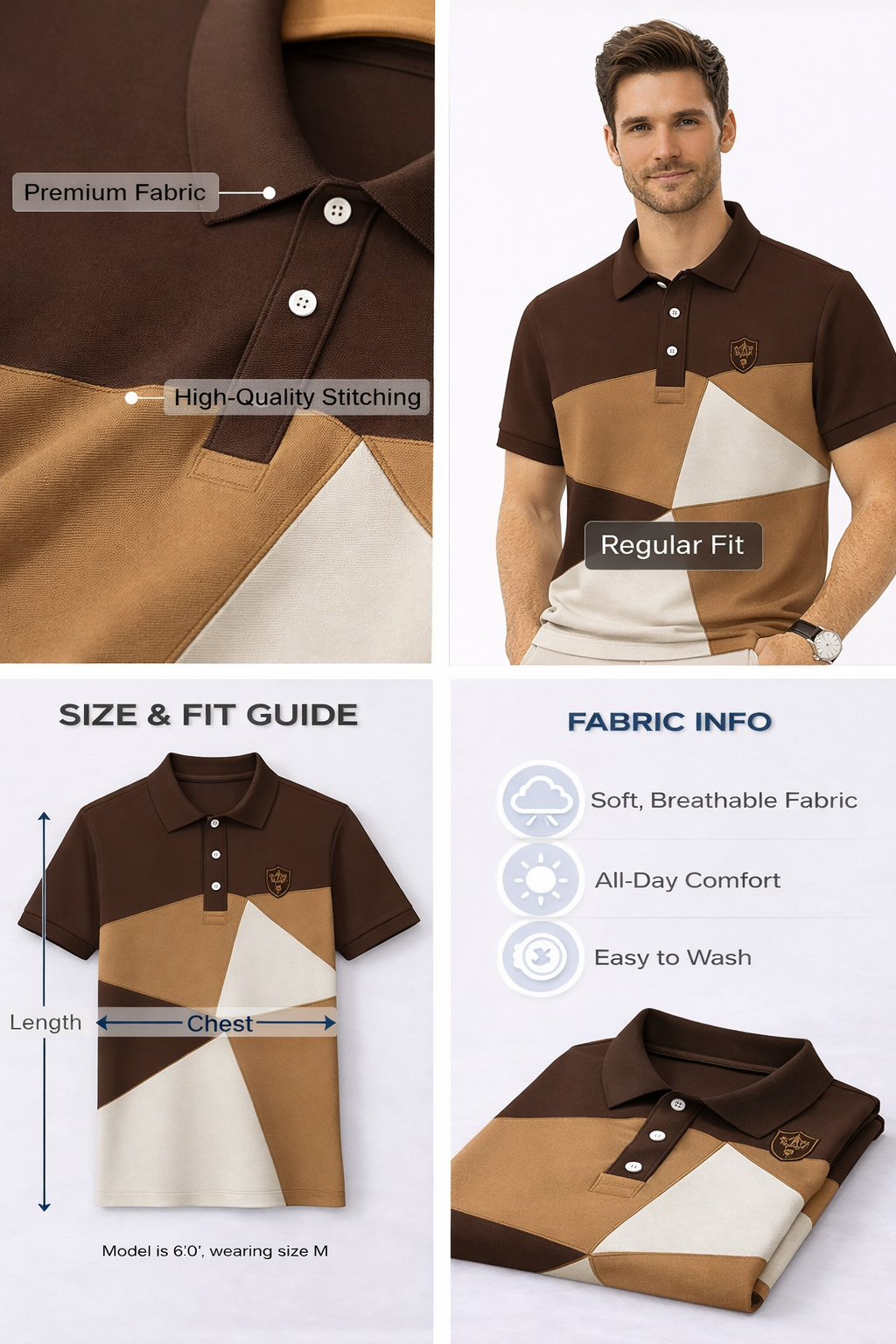 Brown Geometric Color Block Polo T-Shirt
