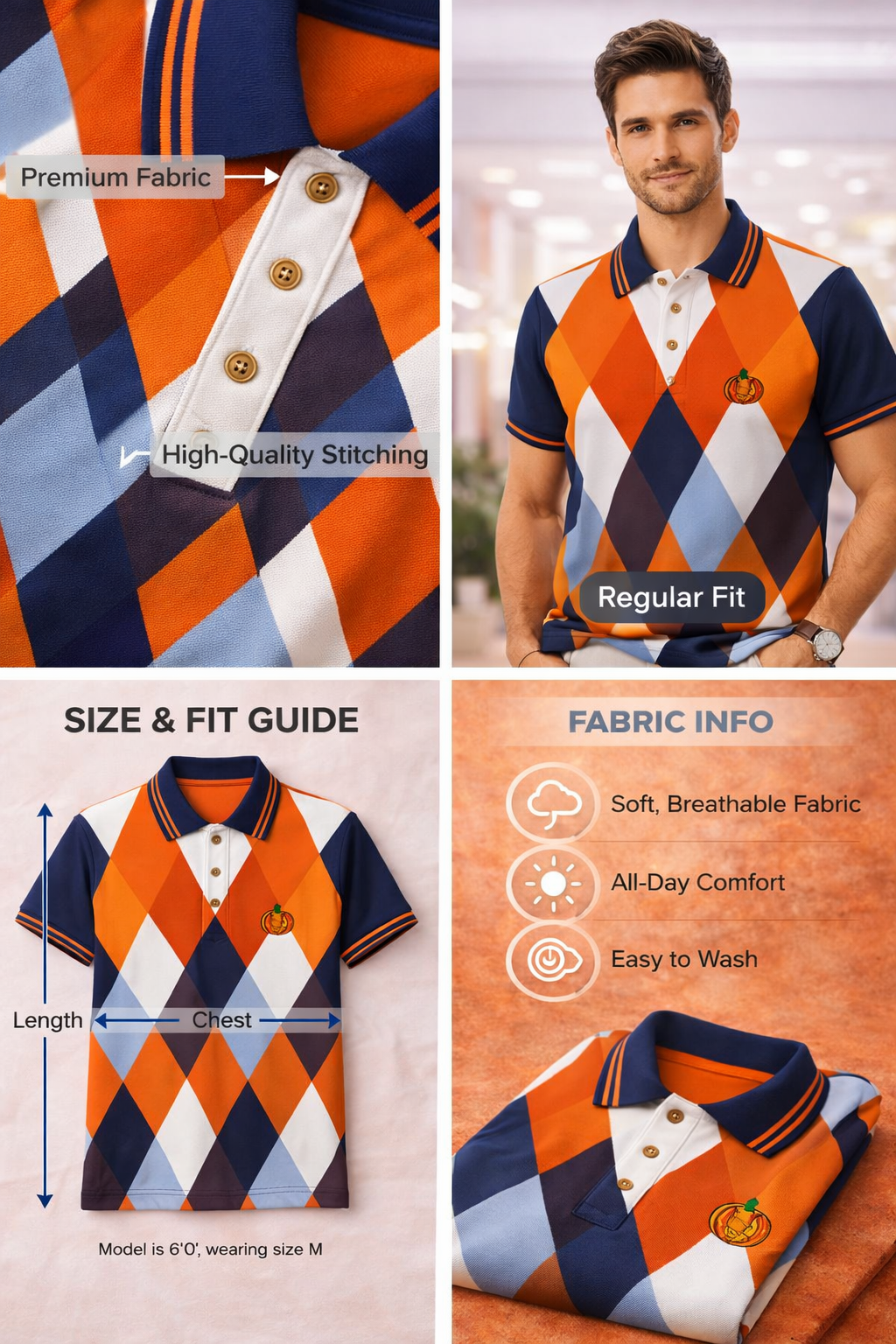 Orange and White Striped Polo T-Shirt - Image 2