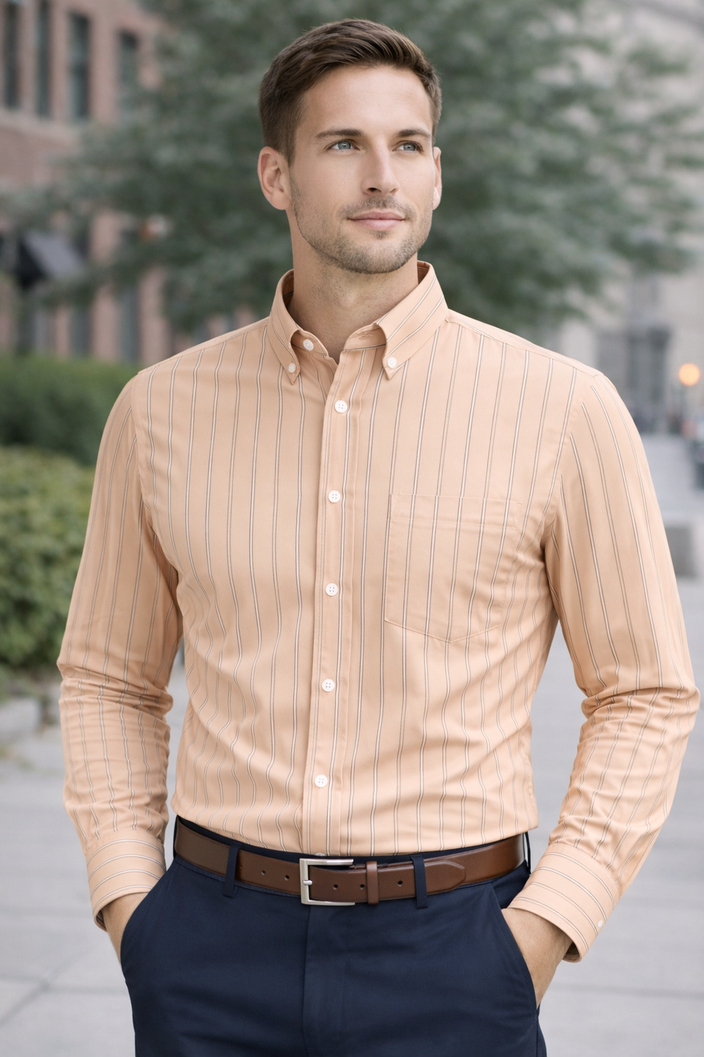 Peach Brown Pinstripe Formal Shirt - Image 3