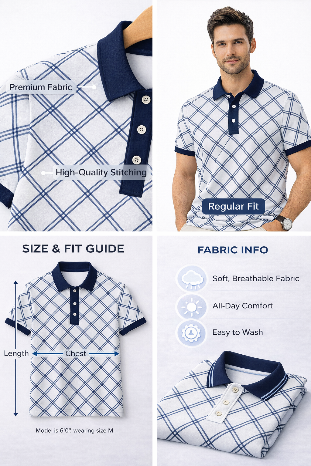 White and Blue Striped Polo T-Shirt - Image 2